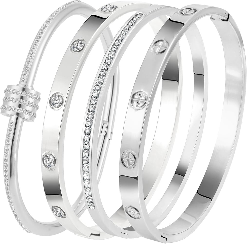 Stainless Steel Bangle Bracelet Set for Women - Silver/Gold Love Bangle Non Tarnish Jewelry with ... | Amazon (US)