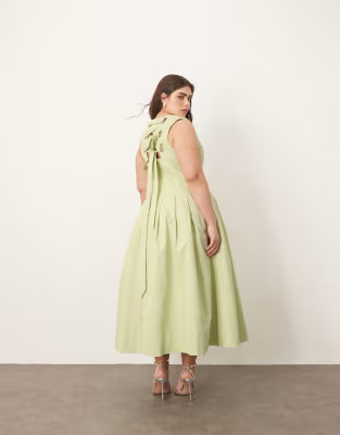 ARRANGE Curve structured plunge midi dress with eyelet detail in pistachio green | ASOS (Global)