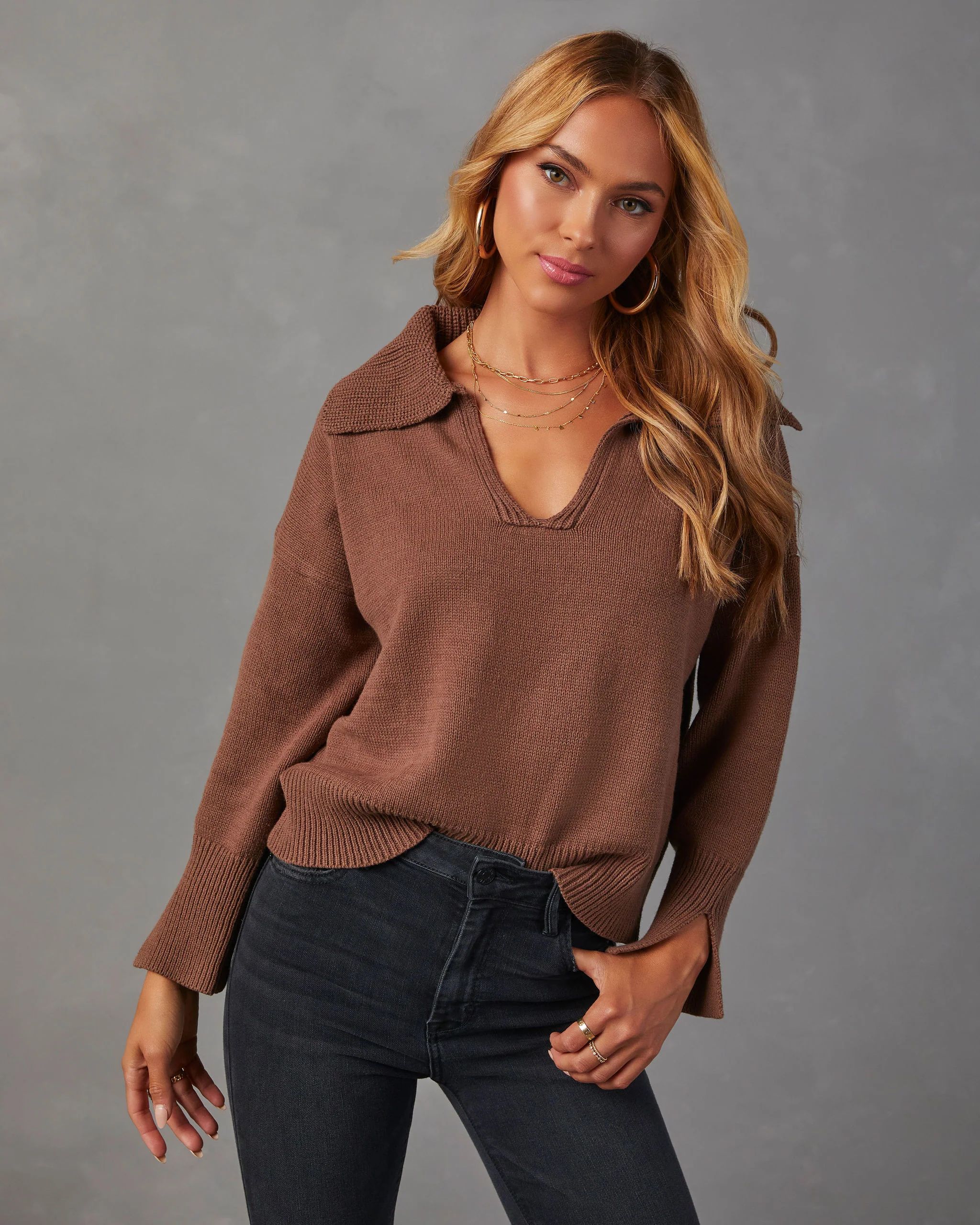 Avaleigh Collared Pullover Sweater - Mocha | VICI Collection