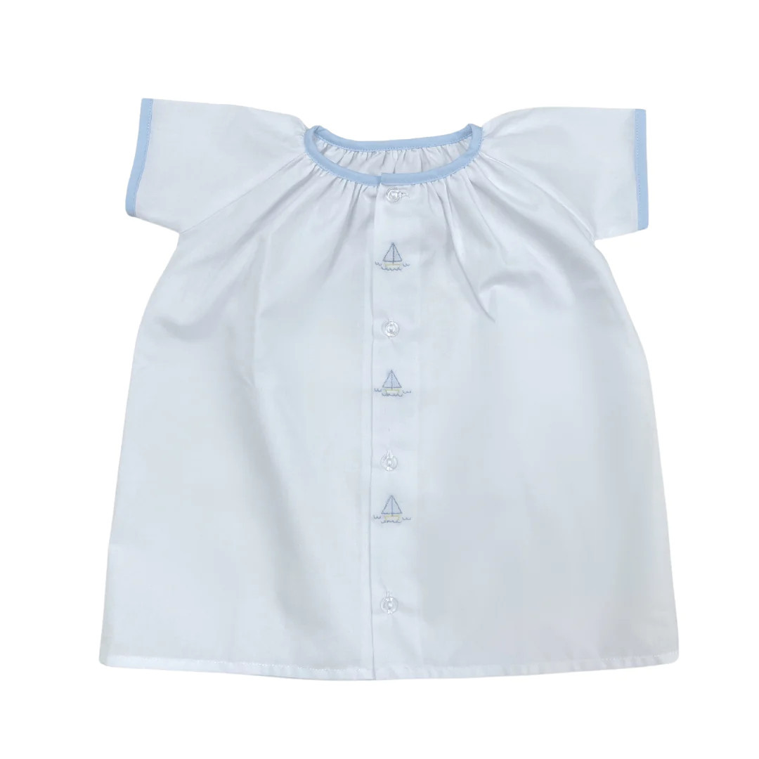 white day gown with blue binding trim and embroidered sailboats | Ellifox