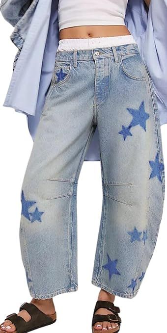 Women's Printed Wide Leg Baggy Jeans Mid Rise Vintage Trendy Y2K Loose Boyfriend Denim Cropped Pa... | Amazon (US)