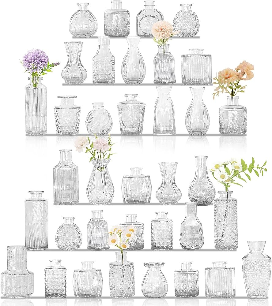 36Pcs Bud Vases Set Small Vintage Glass Bottles Clear Bud Vases in Bulk Multiple Shape Cute Glass... | Amazon (US)