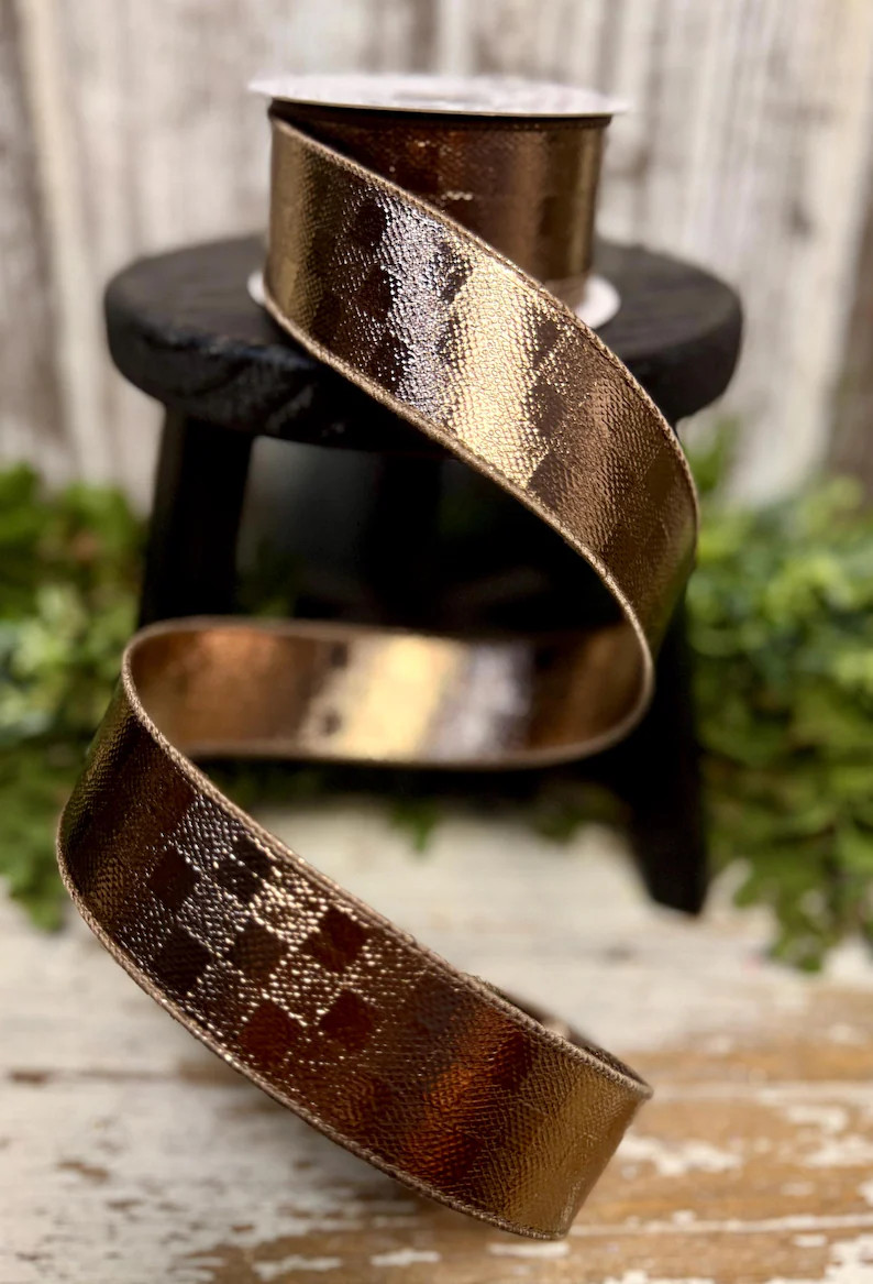 Ribbon for Wreaths, Designer Ribbon, 1.5" Ribbon, Metallic Deluxe , Shiny Copper Check Ribbon, 10... | Etsy (Global)