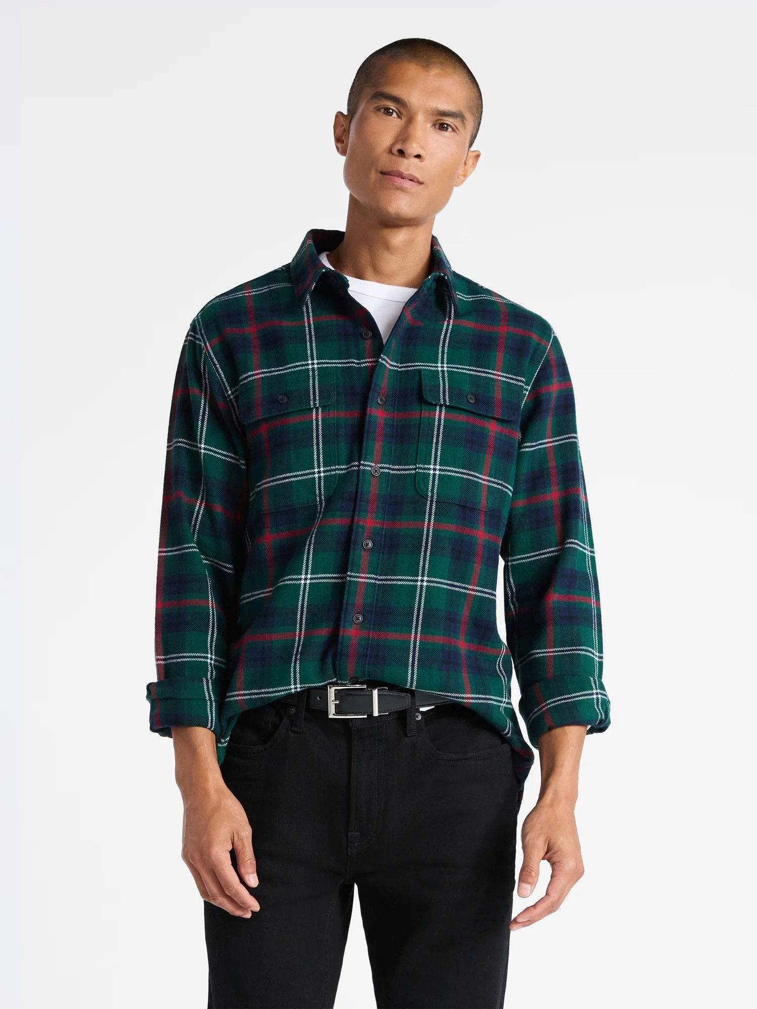Free Assembly Men's Two Pocket Cotton Flannel Shirt with Long Sleeves, Sizes XS-3XL | Walmart (US)