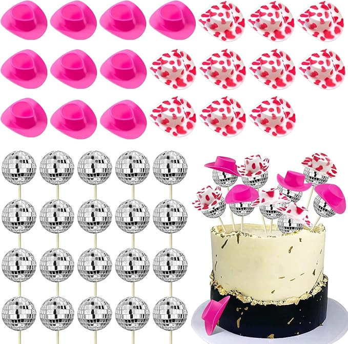 40 PCS Disco Ball Cake Decorations 20 PCS Disco Ball Cake Toppers 10 PCS Mini Pink Cowgirl Hats 1... | Amazon (US)