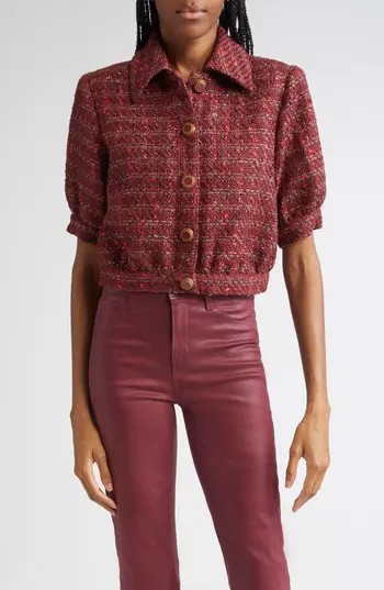 L'AGENCE Tweed Check Puff Sleeve Jacket in Brown/blk Cherry Multi Tweed at Nordstrom Rack, Size 16 | Nordstrom Rack