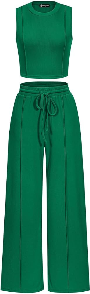 PRETTYGARDEN Women's Summer 2 Piece Loungewear Set Cropped Tank Top Wide Leg Sweatpants Tracksuit... | Amazon (US)