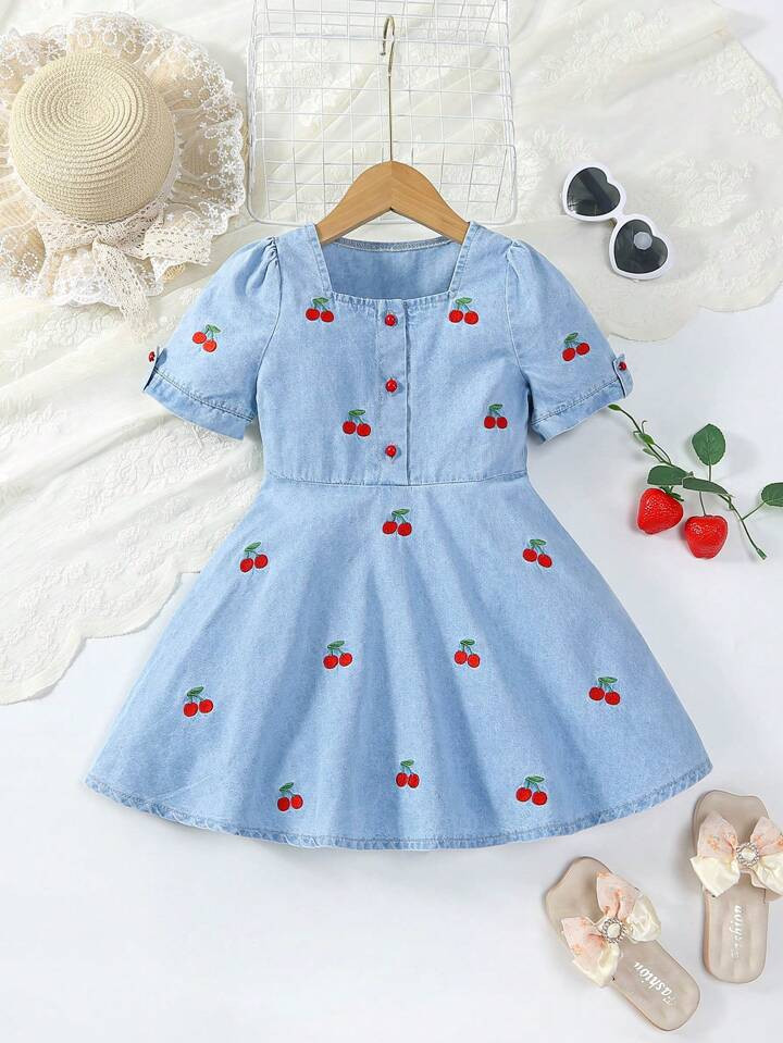 Young Girl's Sweet Cherry Embroidery, Conservative, Loose, Comfortable, Soft, Square Neck, Puff S... | SHEIN