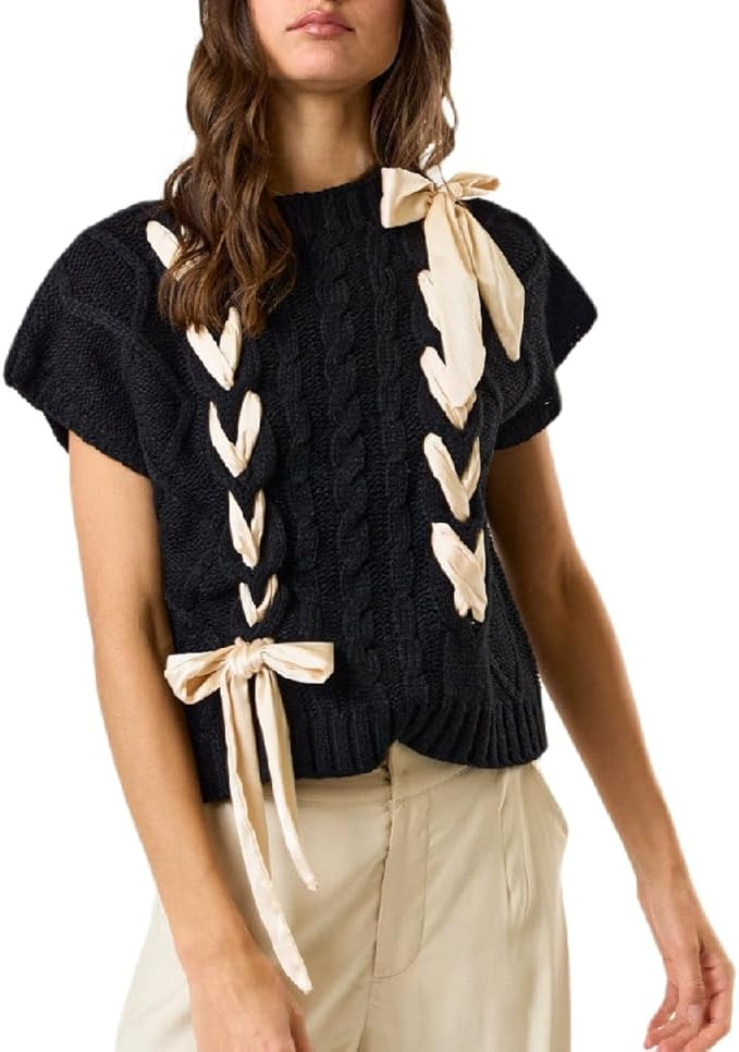 Women Sleeveless Lace Up Ribbon Sweater Mock Neck Cap Sleeve Knit Vest Cute Bow Crochet Pullover ... | Amazon (US)