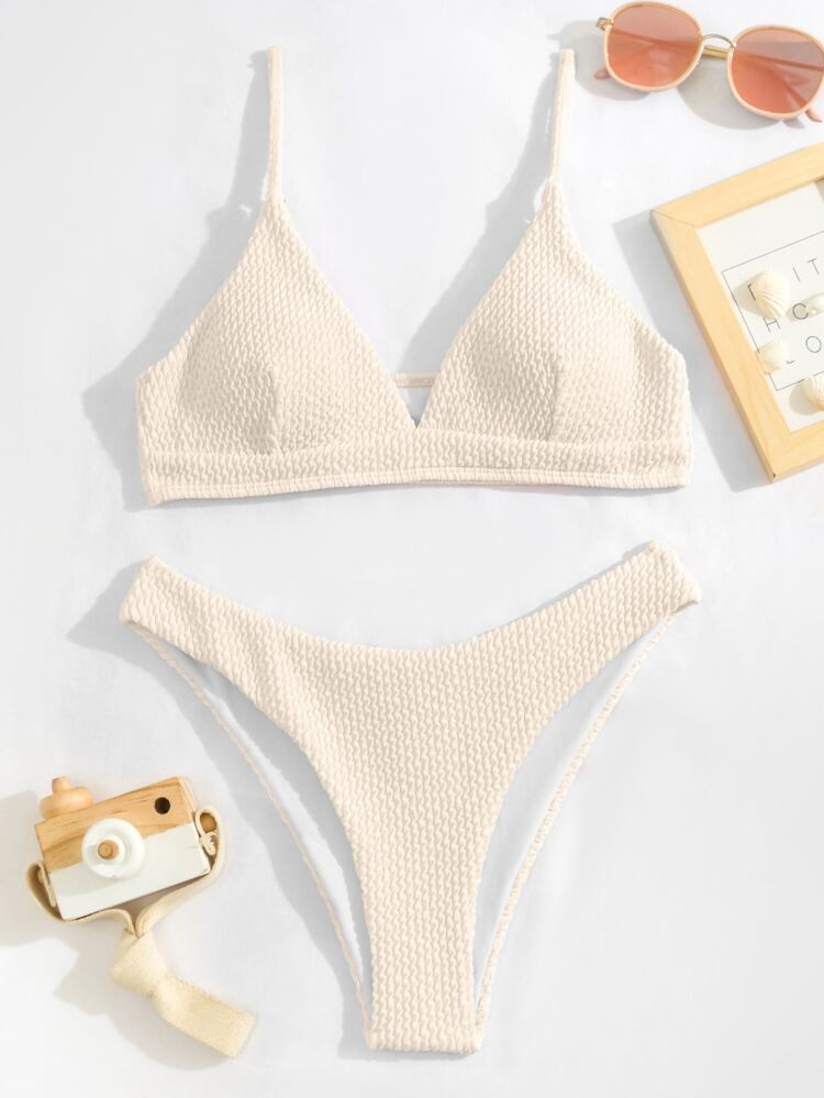 Plain Textured Bikini Swimsuit | SHEIN