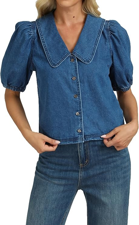 Womens Denim Shirts Button Down Collar Puff Short Sleeve Casual Lightweight Summer Jean Shirt Top... | Amazon (US)