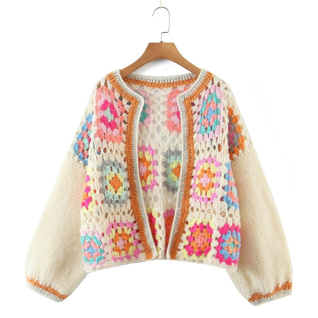Granny Square Sweater Cardigan Handmade Crochet Jacket Short - Etsy | Etsy (US)