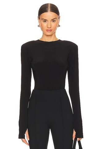 Long Sleeve Shoulder Pad V Neck Top in Black | Revolve Clothing (Global)