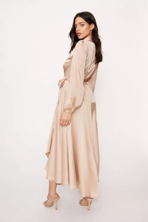 Satin Long Sleeve Maxi Wrap Dress | Nasty Gal (US)