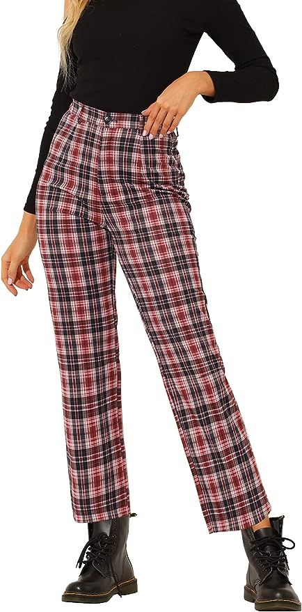 Allegra K Women's Plaid Cropped Trousers Button Casual Tartan Check Work Pants | Amazon (US)