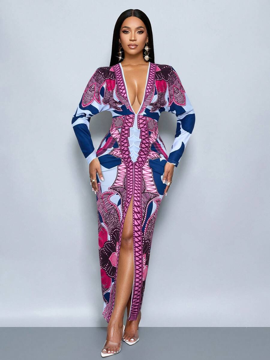 SOLERSUN Women's Chain Print Split Thigh Bodycon Dress, Deep V-Neck, Sexy High Waisted Print Long... | SHEIN