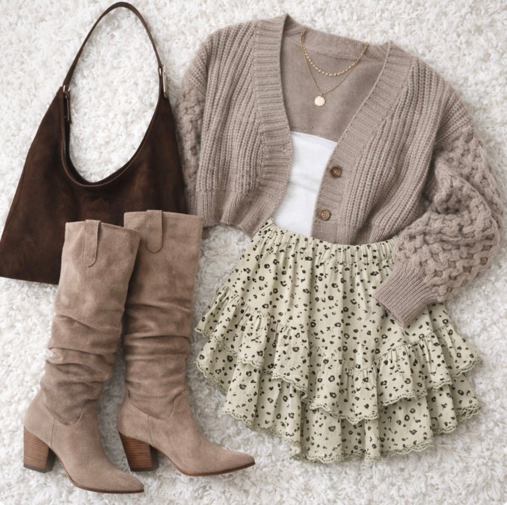 Cozy neutrals are always a yes 🤎 This chunky cardigan + ruffle skirt combo is the perfect mix of soft and feminine. Paired with suede boots and a slouchy bag for an effortless everyday look.



#LTKootd #LTKSeasonal #LTKOver40