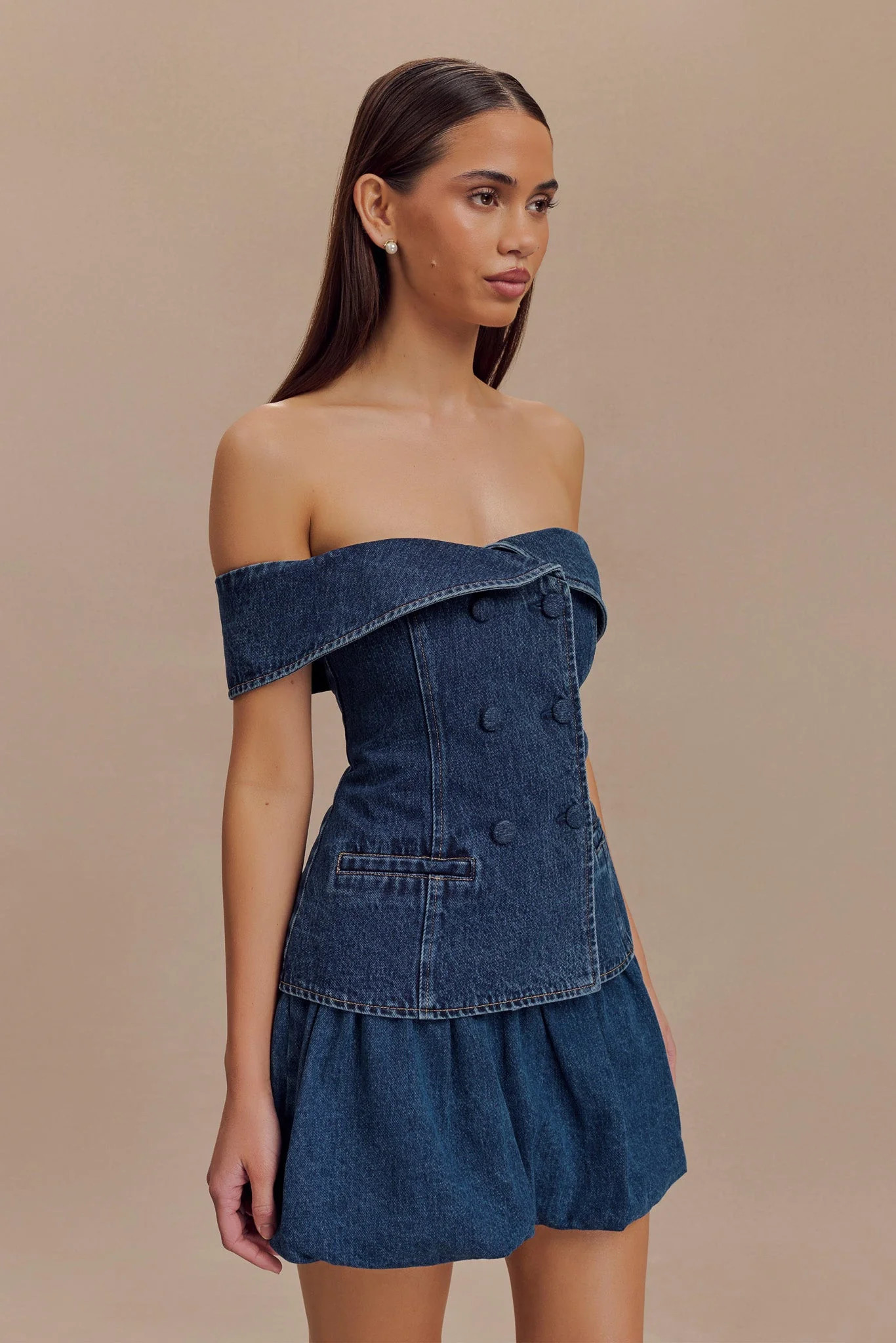 Krista Denim Off Shoulder Top - Dark Blue | MESHKI US