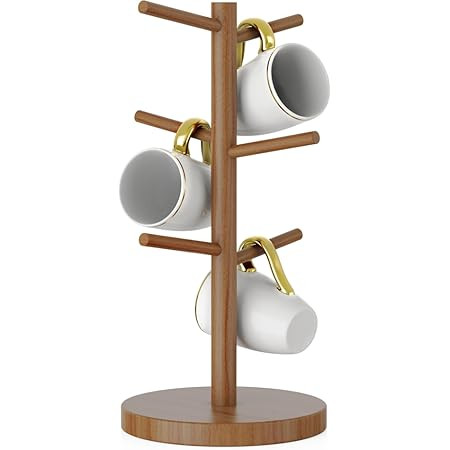 Dorhors Mug Holder Tree,Coffee Cup Holder with 6 Hooks, Wood Mug Rack for Counter,Coffee Bar Accessories and Orgnizer Station(Brown) | Amazon (US)