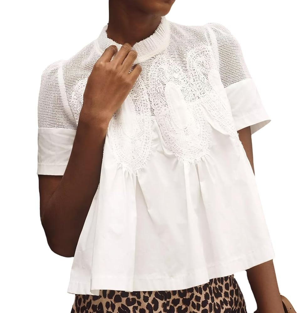 VAOYIU Women Lace-Detail Flared Blouse Short-Sleeve Crew Neck Lace Poplin Mesh Swing Top Elegant ... | Amazon (US)