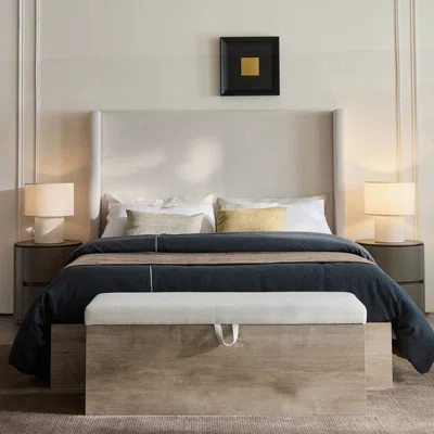 Shelton Upholstered Wingback Bed with 54 Inch Headboard, Wood Base, Rustic and Modern Farmhouse Design, Neutral Textured Ivory Canvas Chenille, Queen | Wayfair North America