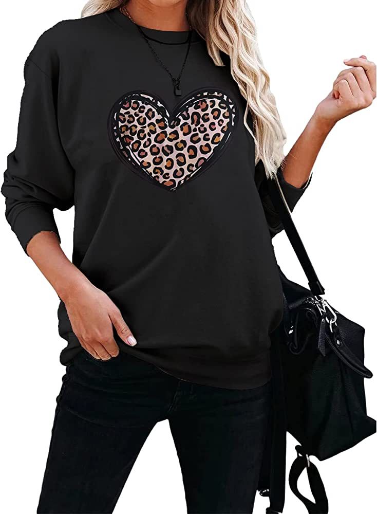 BOUTIKOME Women Valentine's Day Sweatshirt Funny Leopard Love Heart Print Shirt Long Sleeve Crewn... | Amazon (US)