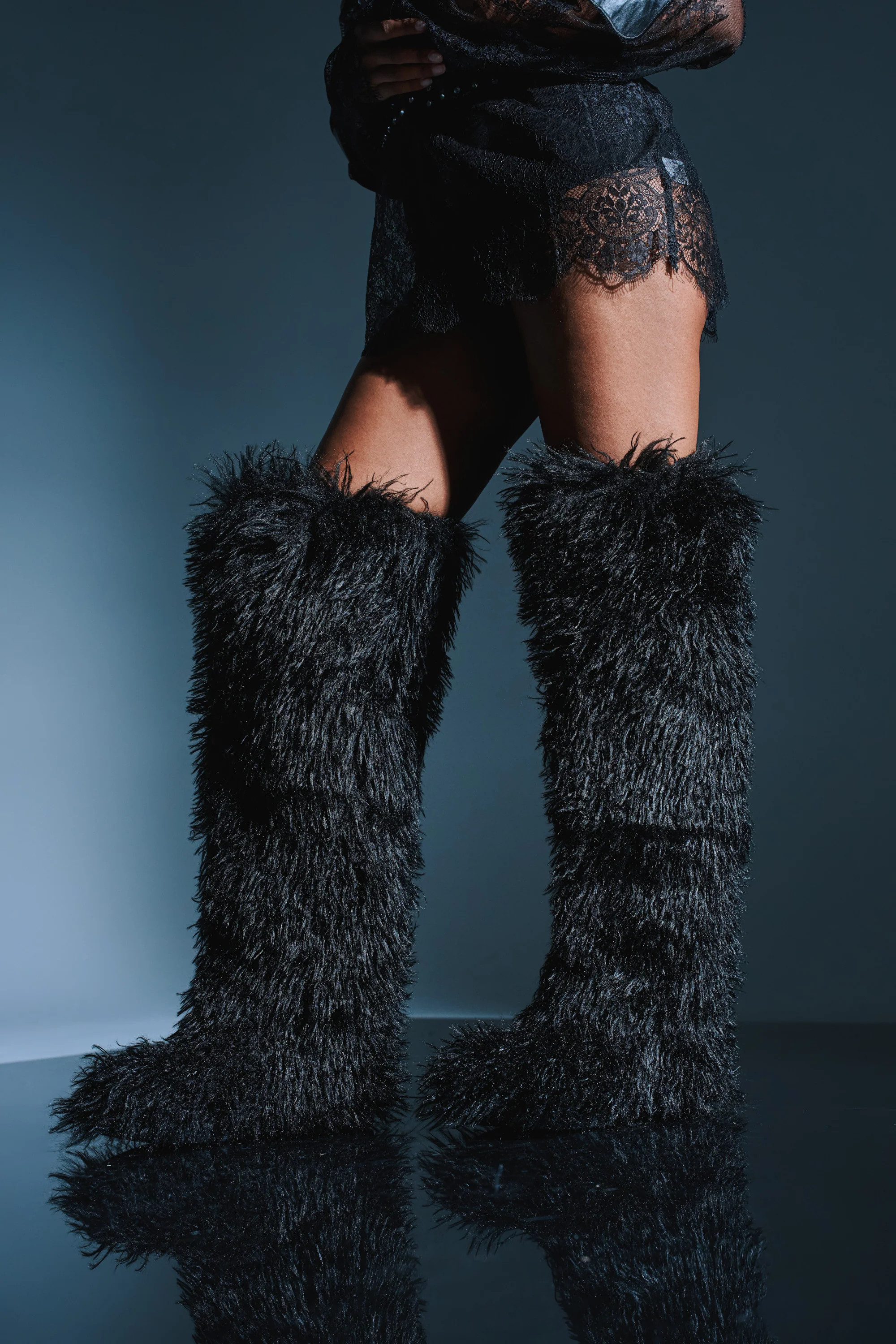 AZALEA WANG TEMPLETON BLACK POODLE FAUX FUR OVER THE KNEE BOOT | AKIRA