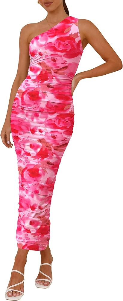 PRETTYGARDEN Women's One Shoulder Bodycon Dresses Summer 2026 Ruched Floral Beach Cocktail Weddin... | Amazon (US)