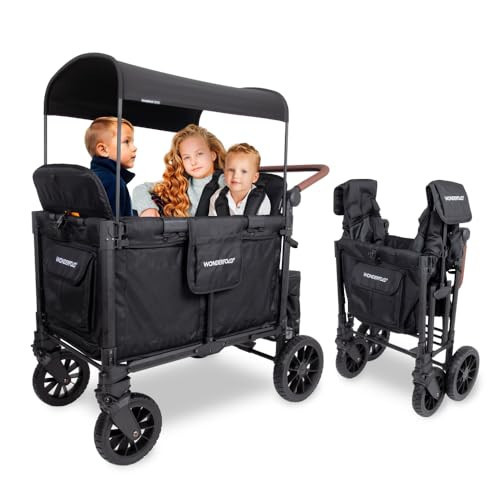 WONDERFOLD W4 Luxe Pro Stroller Wagon (4 Seater) - Collapsible Wagon Stroller with Seats Featuring 5-Point Safety Harnesses and Adjustable Sun Canopy, Jet Black | Amazon (US)
