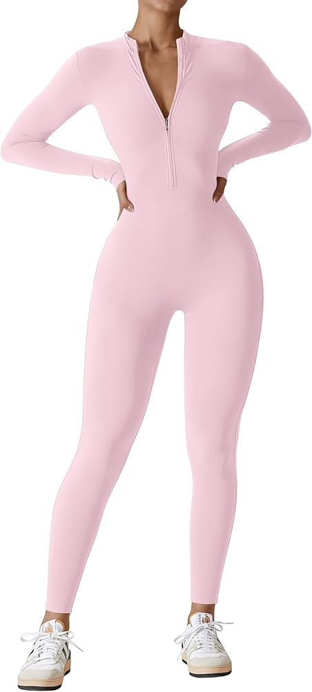 YEOREO Women Long Sleeve Workout Jumpsuit Zip Up Romper Bottom Pants Bodysuit Bodycon Sexy One Pi... | Amazon (US)