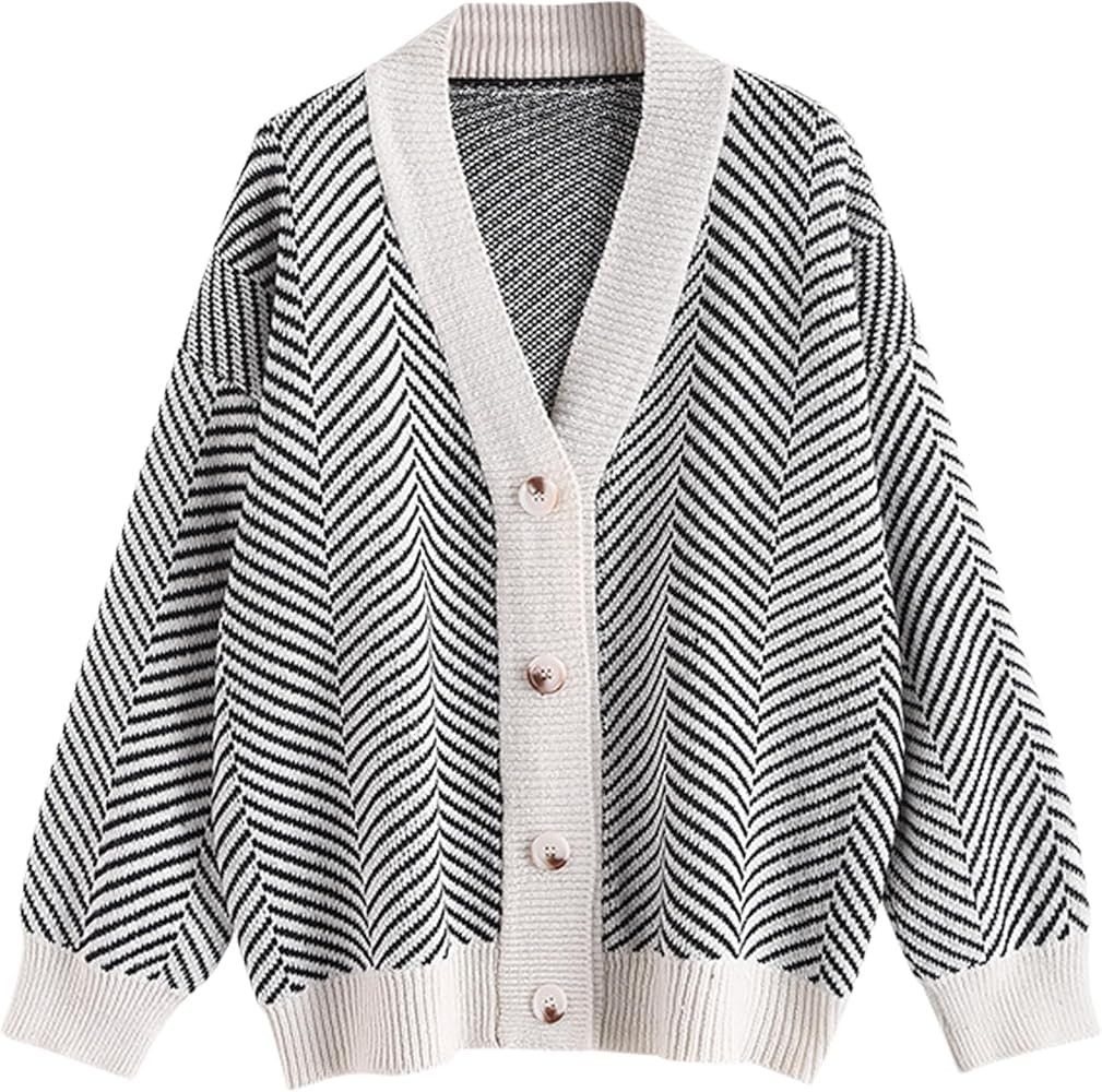 ZAFUL Women's Striped Cardigan Long Sleeve Button Up Open Front Knit Oversized Sweater | Amazon (US)