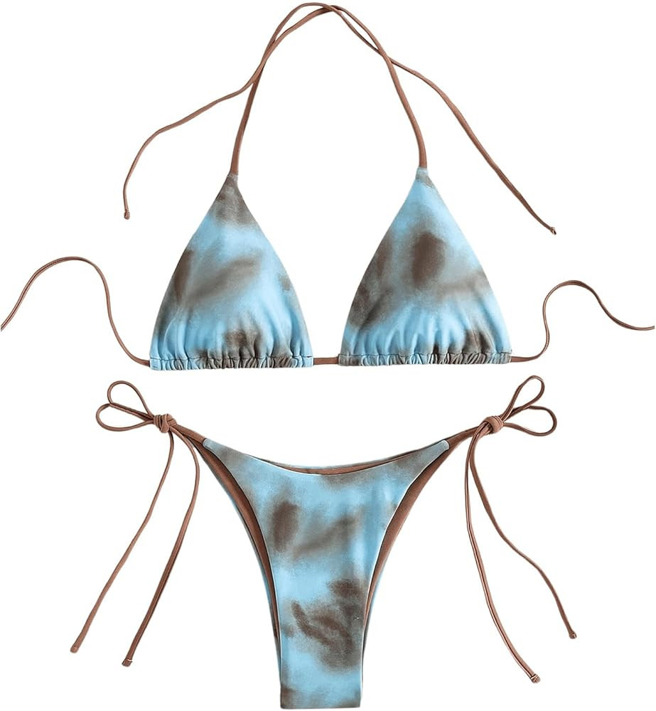 GORGLITTER Women's Thong Swimsuit Tie Dye Knot Triangle Bikini Top and String Bottom Set | Amazon (US)