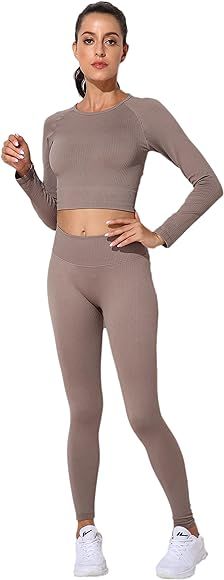 Laspia Workout Set for Women Outfit 2 Piece Seamless Ribbed High Waist Yoga Leggings Shorts with Spo | Amazon (CA)