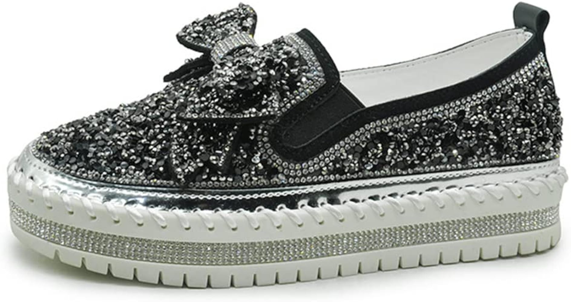 Women's Casual Fashion Platform Rhinestones Glitter Slip On Sneakers Cute Bowknot Flat Walking Lo... | Amazon (US)
