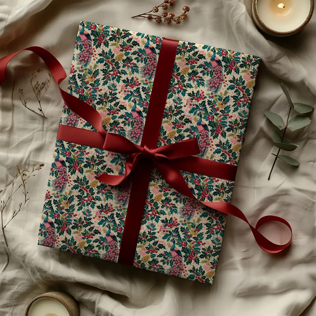 Festive Holly and Peacock Colorful Gift Wrapping Paper Sheets - Holiday Gifting, Chinoserie Toile... | Etsy (US)
