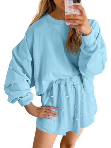Fisoew Womens Lounge Sets 2 Piece Outfits Decor Pearl Long Sleeve Sweatshirt Skort Skirt Tracksuits Shorts Sets | Amazon (US)