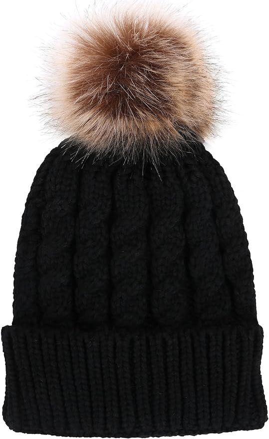 Livingston Women's Winter Soft Knitted Beanie Hat with Faux Fur Pom Pom | Amazon (US)