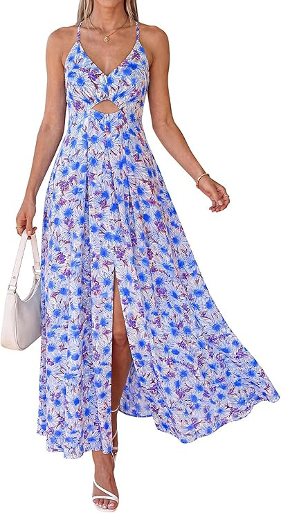 BTFBM Summer Dresses for Women 2026 Spring Floral Spaghetti Strap Smocked Cutout Maxi Dress Resor... | Amazon (US)