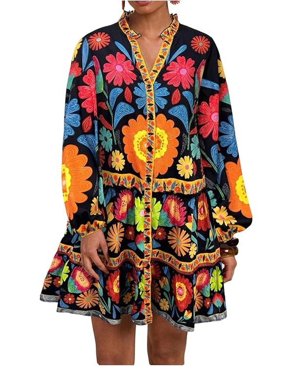 SOLY HUX Women's Floral Print Summer Short Dresses Boho Beach Long Sleeve Button Down Flowy Smock... | Amazon (US)