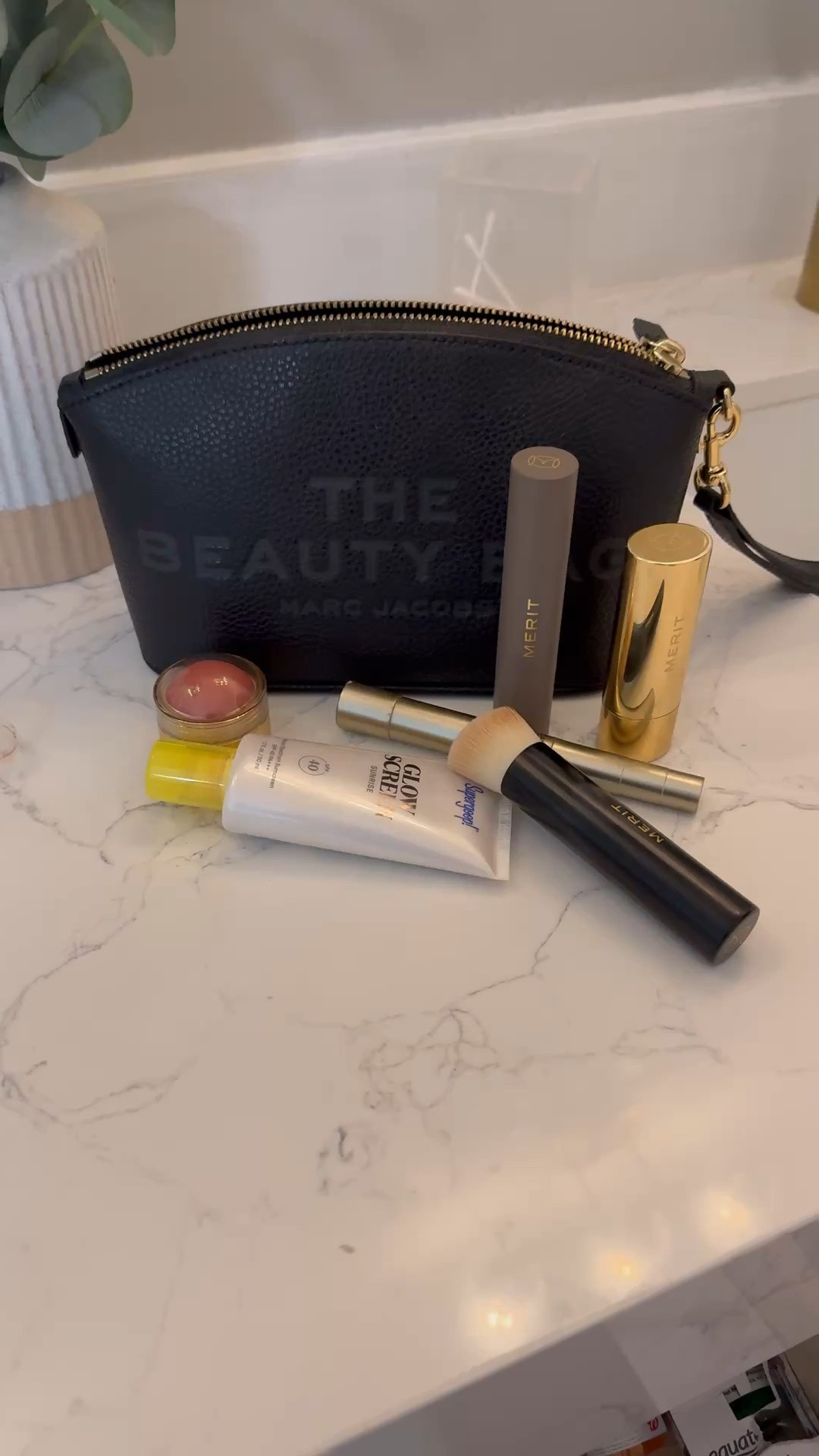 Makeup bag for a weekend getaway.  Cosmetic bag, beauty, clean makeup, sunscreen