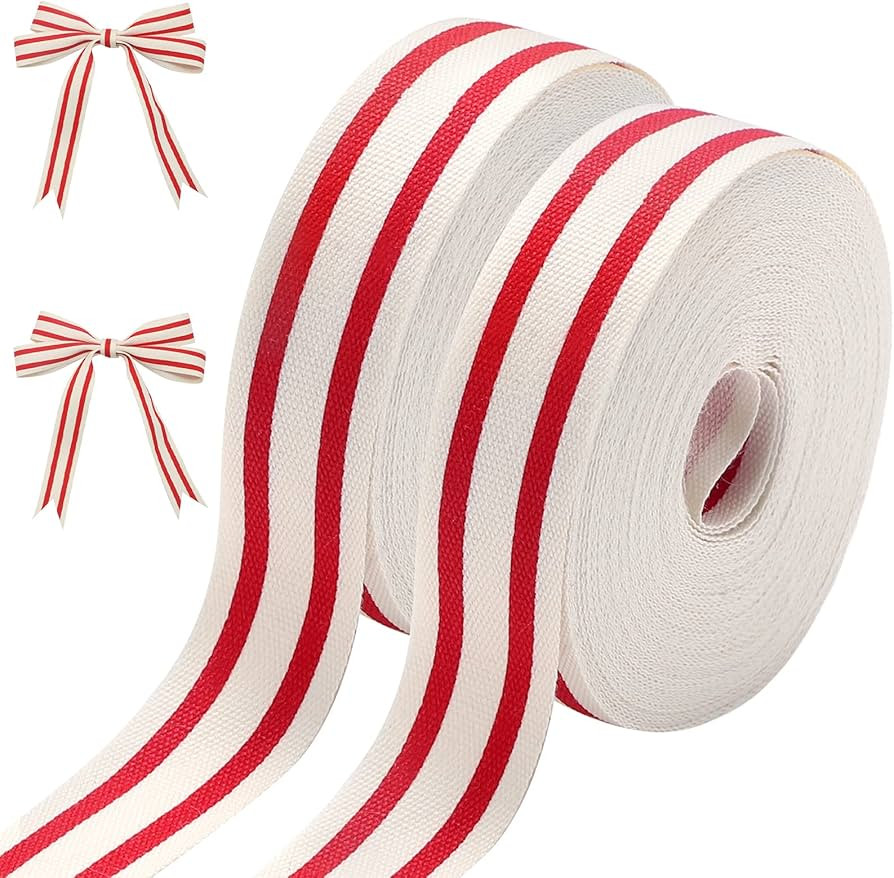 Geosar 2 Rolls Natural Cotton Stripes Ribbon Grosgrain Striped Cotton Fabric Grosgrain Decorative... | Amazon (US)