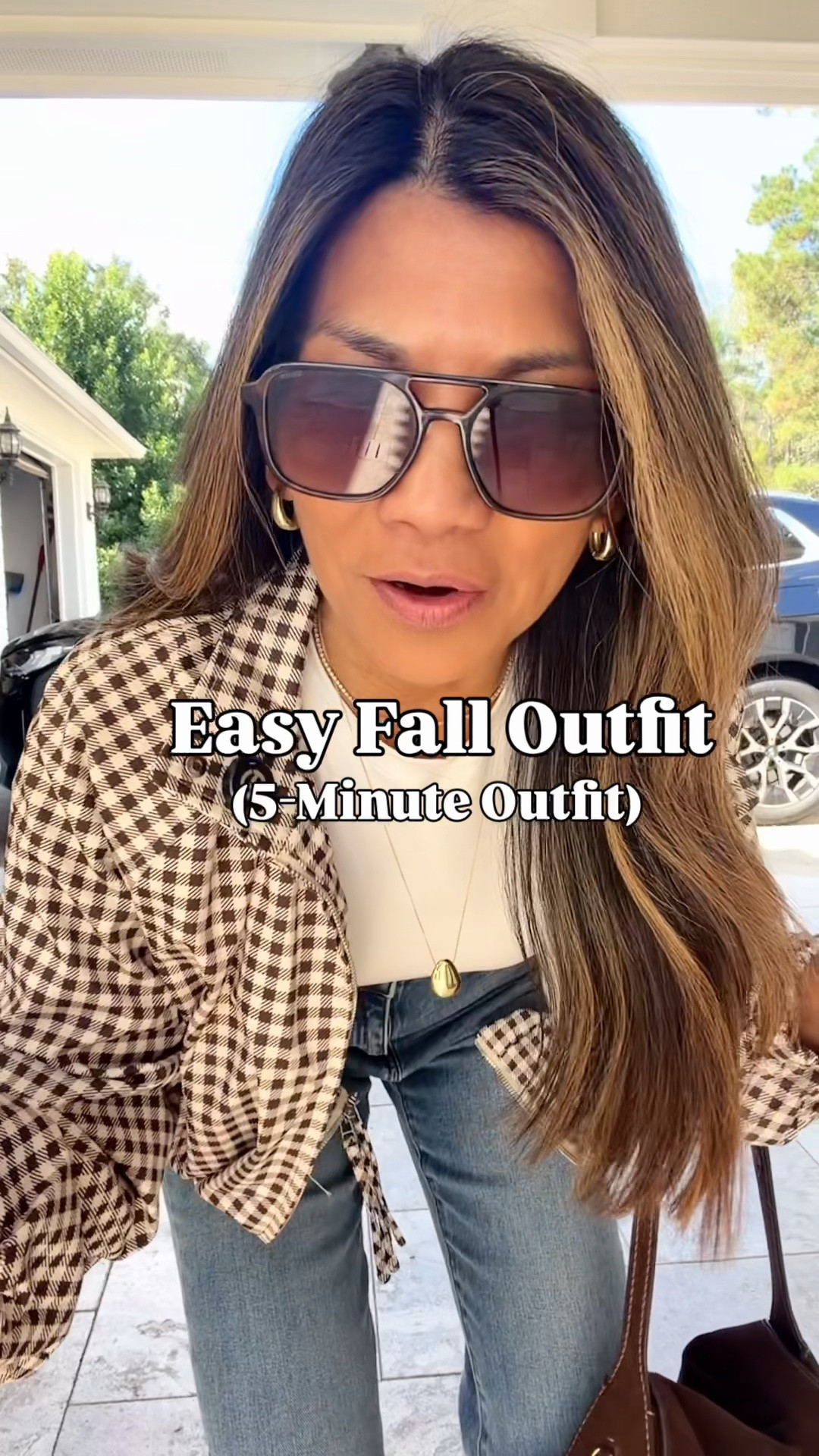 I’m 5’2” 118#ish for reference 
Jacket in small.
White tee I sized up to medium. 
Jeans fit tts wearing size 26 short length in Seaside Blue. 
Shoes tts.
Bag is the Dark Chocolate. 
Fall outfit, fall fashion, Amazon finds, over 50 style, midlife fashion, petite fashion,midlife women, affordable fashion, fashion over40