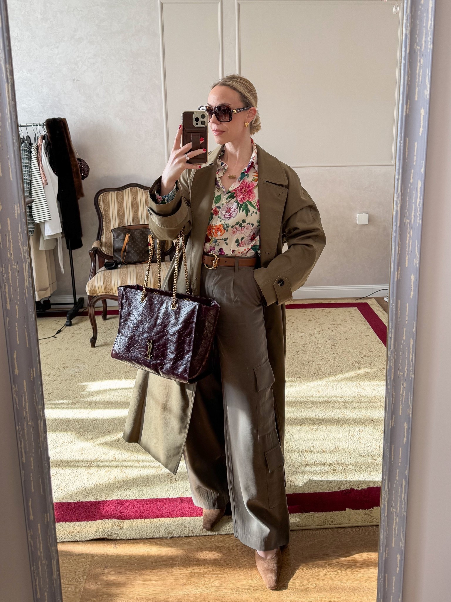 Spring work outfit, workwear, trench coat, floral shirt, cargo pants, burgundy YSL tote bag

#LTKdayinmylife #LTKootd #LTKOver40