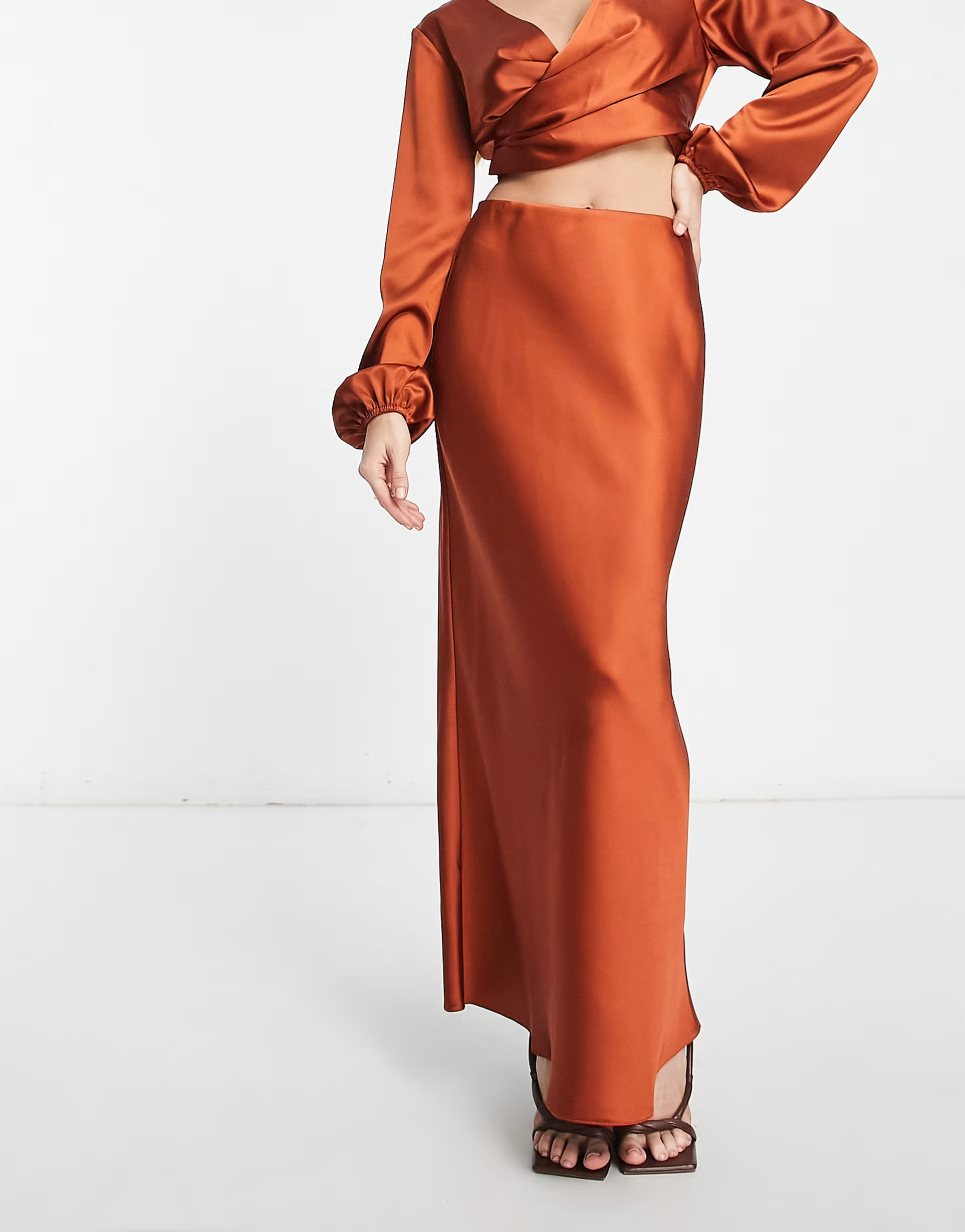 ASOS DESIGN satin bias maxi skirt in rust - part of a set | ASOS (Global)