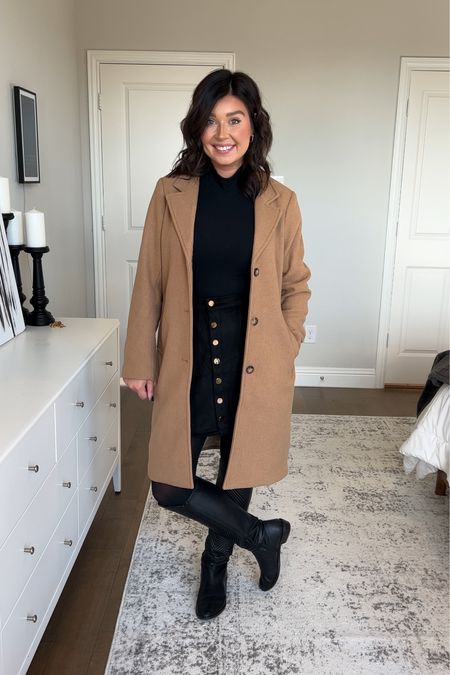 Casual NYE or date night outfit inspo for cold weather. This Dad Coat is a staple piece and I wear a medium regular. Wearing a medium in both the suede skirt and mock neck top as well  

#LTKHoliday #LTKSeasonal #LTKstyletip