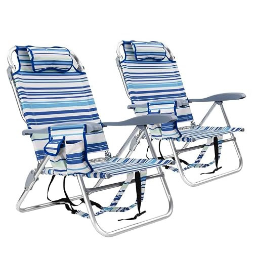 Backpack Beach Camping Chairs with 8 Positions Lay Flat, 2 Pack Lightweight Folding Beach Chair with Adjustable Headrest, Pouch, Cup Holder for Outdoor Lawn Picnic, Support 300LBS(Stripes_Blue & Cyan) | Amazon (US)