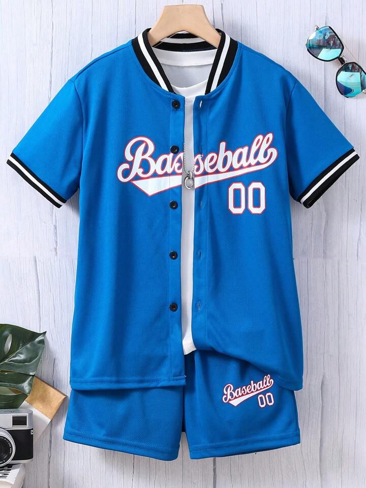 SHEIN Tween Boy Letter Graphic Contrast Trim Baseball Collar Shirt & Shorts Without Tee | SHEIN