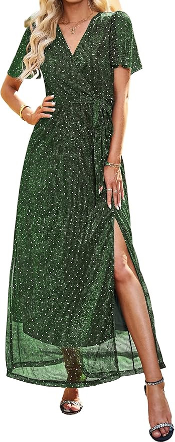 Angashion Women Dresses Wedding Guest Wrap V Neck Long Sleeve Glitter Sequin Evening Party Brides... | Amazon (US)