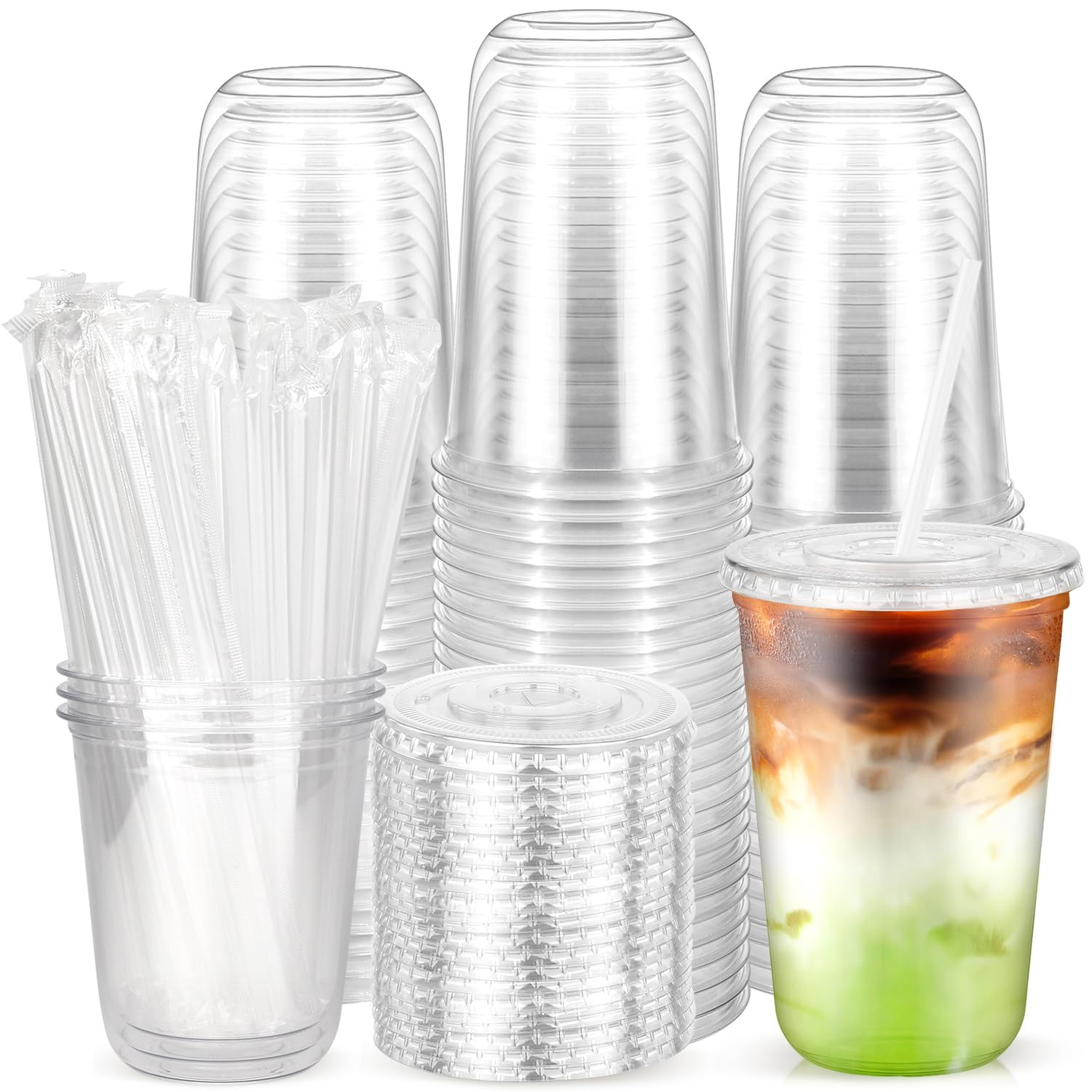 100PCS 16 oz Disposable Plastic Cups with Flat Lids and Clear Straws, Round Bottom To Go Iced Cof... | Amazon (US)