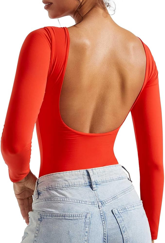 SUUKSESS Women Backless Y2k Long Sleeve Bodysuit Double Lined Open Back Sexy Basic Top | Amazon (US)